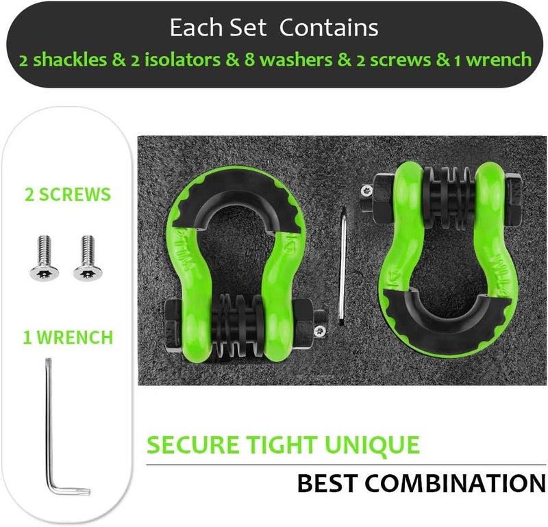 AMBULL Shackles 3/4" D Ring Shackle (2 Pack) 45,000lb Break Strength with 7/8" Pin, Anti Theft Security Screws, Isolator & Washer Kits for Use with Tow Strap Winch Truck Vehicle Recovery, Green - Image 3