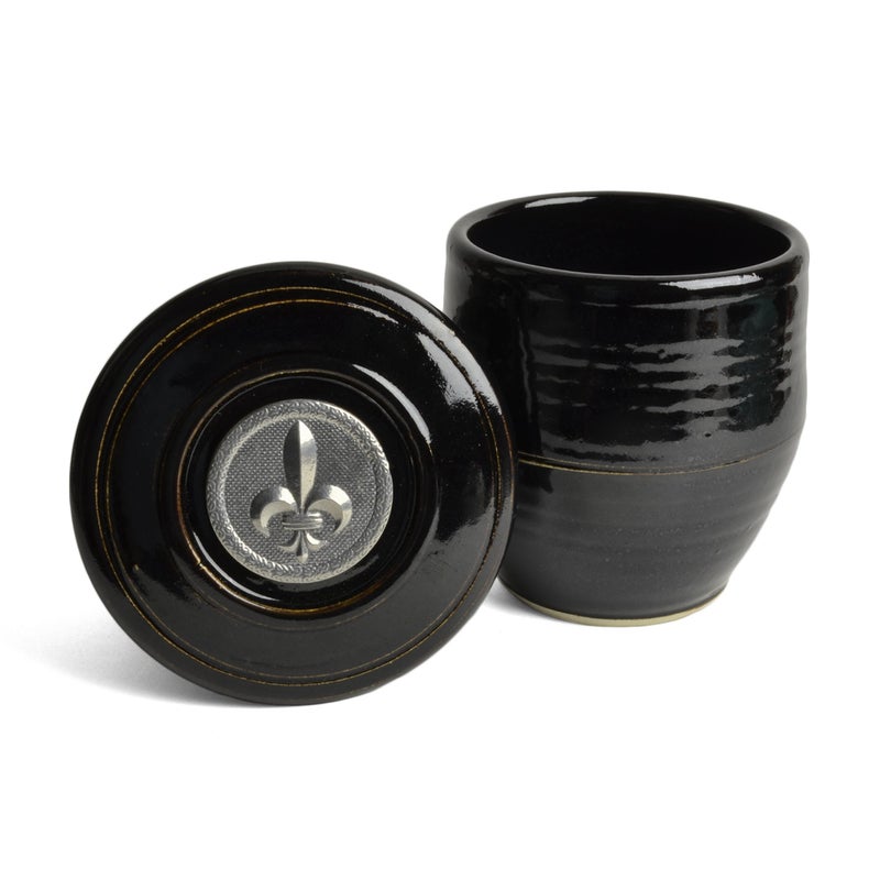 Oregon Stoneware Studio Handmade French Butter Keeper with Fleur de Lys Pewter Medallion Blackberry