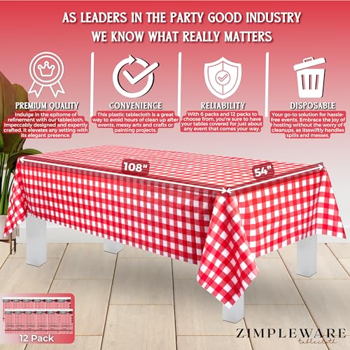 ZIMPLEWARE Premium Red Gingham Checkered Plastic Table Cloth Disposable (12 Pk) Plastic Tablecloths for Rectangle Tables (54in x 108in) Party Table Cloths Disposable for 6ft to 8ft Rectangle Tables - Image 3