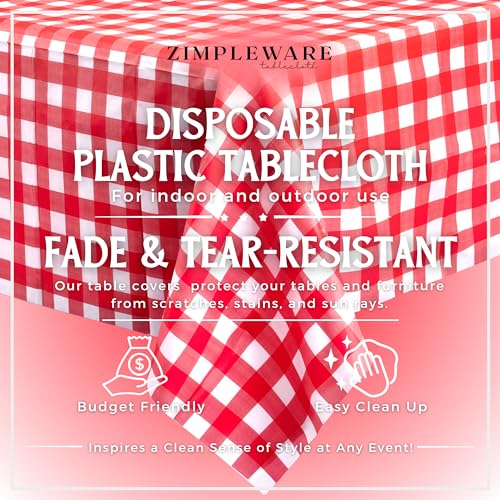 ZIMPLEWARE Premium Red Gingham Checkered Plastic Table Cloth Disposable (12 Pk) Plastic Tablecloths for Rectangle Tables (54in x 108in) Party Table Cloths Disposable for 6ft to 8ft Rectangle Tables - Image 2