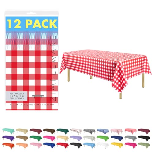 ZIMPLEWARE Premium Red Gingham Checkered Plastic Table Cloth Disposable (12 Pk) Plastic Tablecloths for Rectangle Tables (54in x 108in) Party Table Cloths Disposable for 6ft to 8ft Rectangle Tables - Image 1