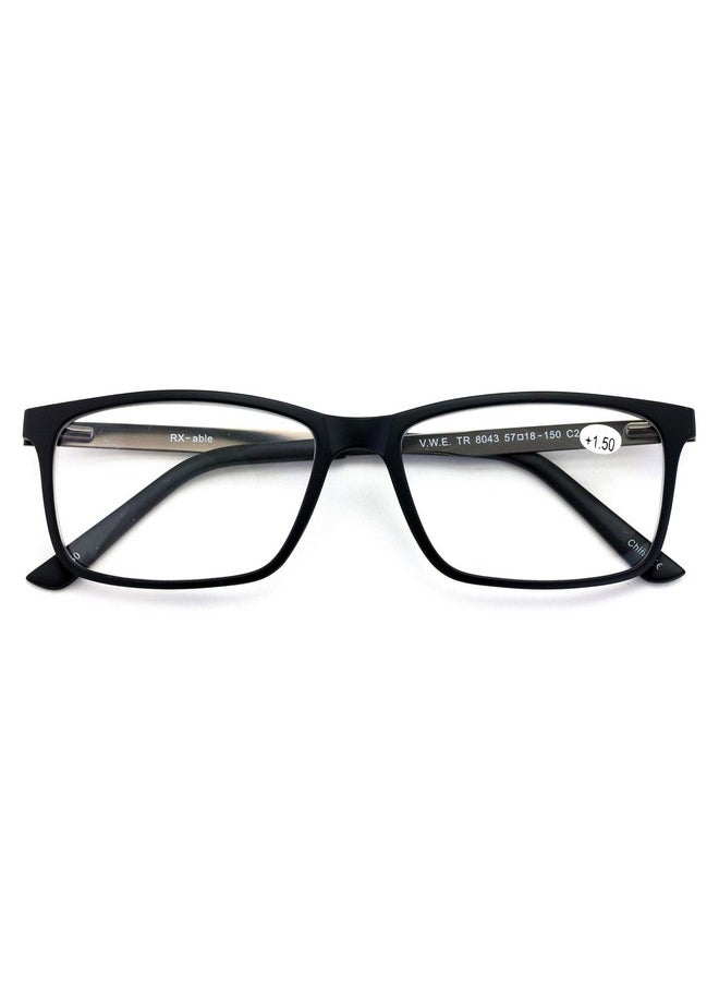 V.W.E. - Men Premium Rectangle Tr90 With Extended Metal Temple Extra Large Reader 147Mm Wide Frame Reading Glasses (Blackgunmetal 2.00) - Image 1
