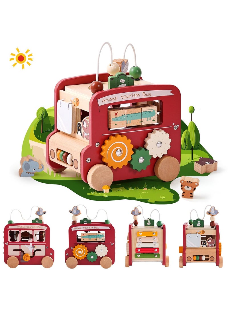 Wooden Activity Cube 8in1 Montessori Toys | Multifunctional Early Educational Learning Toys | Wooden Toy for Baby Shape Sorter Xylophone Animal Travel Bus Boy Girl Birthday Gift（Red Bus）