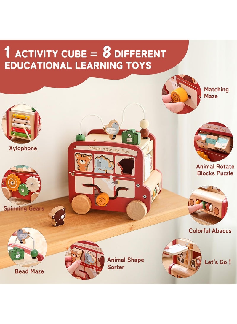 Wooden Activity Cube 8in1 Montessori Toys | Multifunctional Early Educational Learning Toys | Wooden Toy for Baby Shape Sorter Xylophone Animal Travel Bus Boy Girl Birthday Gift（Red Bus）