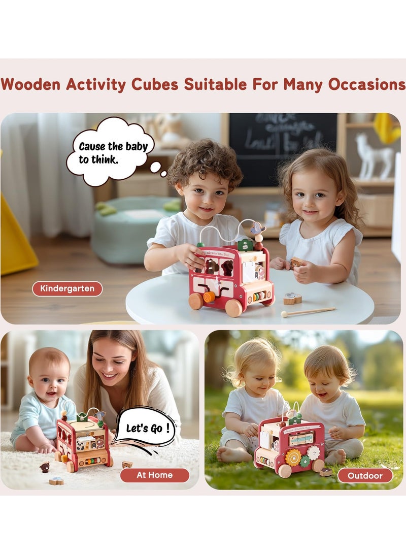 Wooden Activity Cube 8in1 Montessori Toys | Multifunctional Early Educational Learning Toys | Wooden Toy for Baby Shape Sorter Xylophone Animal Travel Bus Boy Girl Birthday Gift（Red Bus）