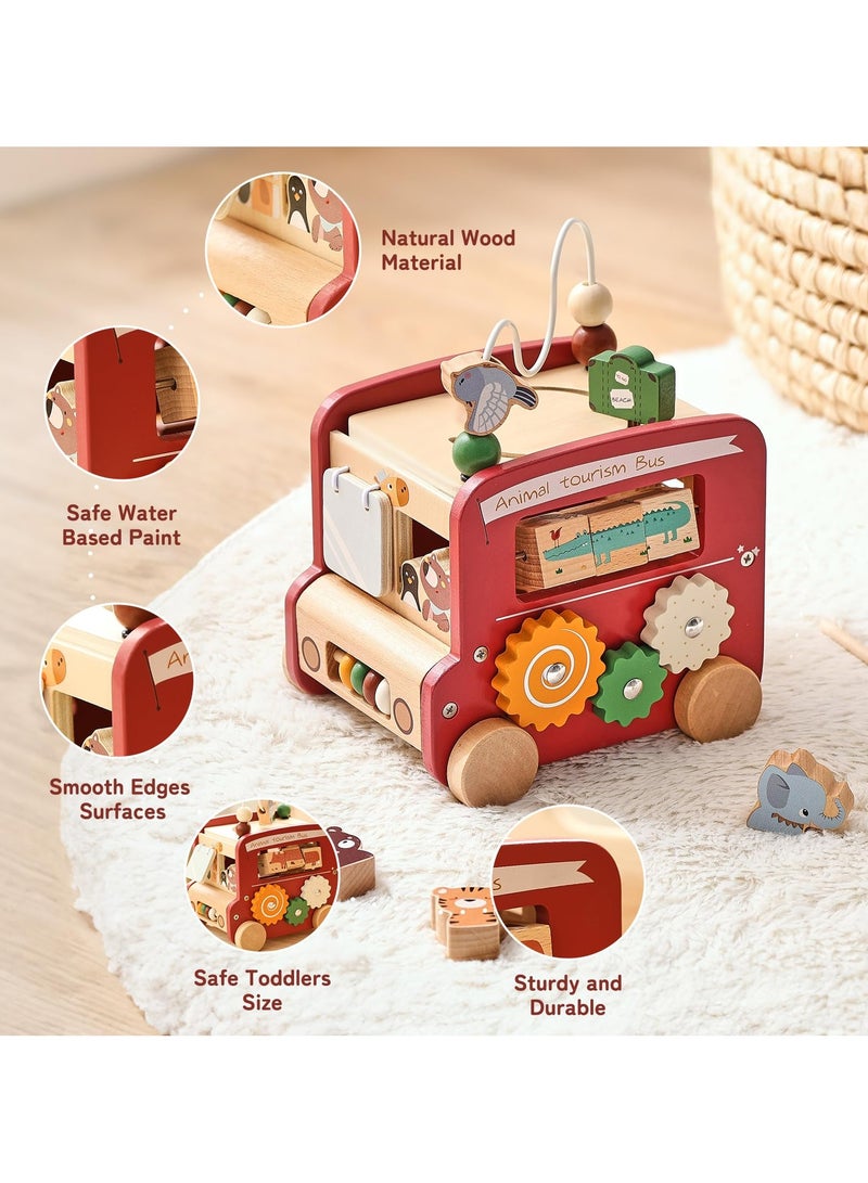 Wooden Activity Cube 8in1 Montessori Toys | Multifunctional Early Educational Learning Toys | Wooden Toy for Baby Shape Sorter Xylophone Animal Travel Bus Boy Girl Birthday Gift（Red Bus）