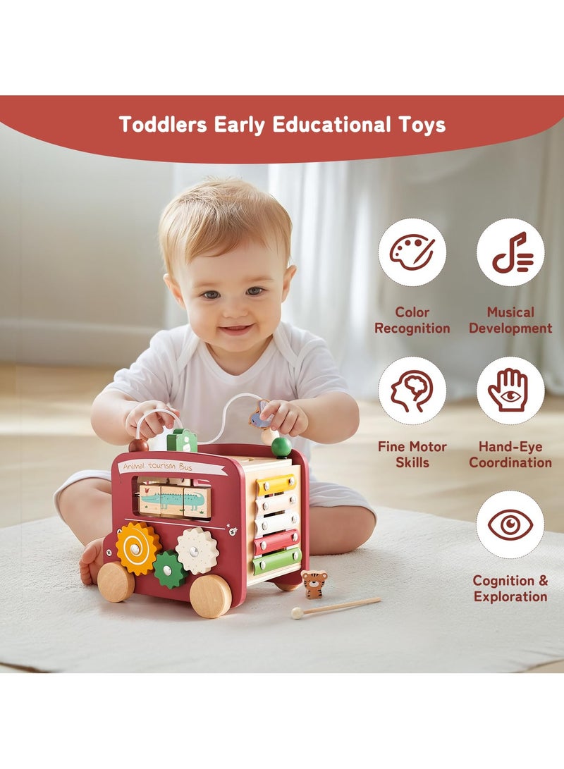 Wooden Activity Cube 8in1 Montessori Toys | Multifunctional Early Educational Learning Toys | Wooden Toy for Baby Shape Sorter Xylophone Animal Travel Bus Boy Girl Birthday Gift（Red Bus）