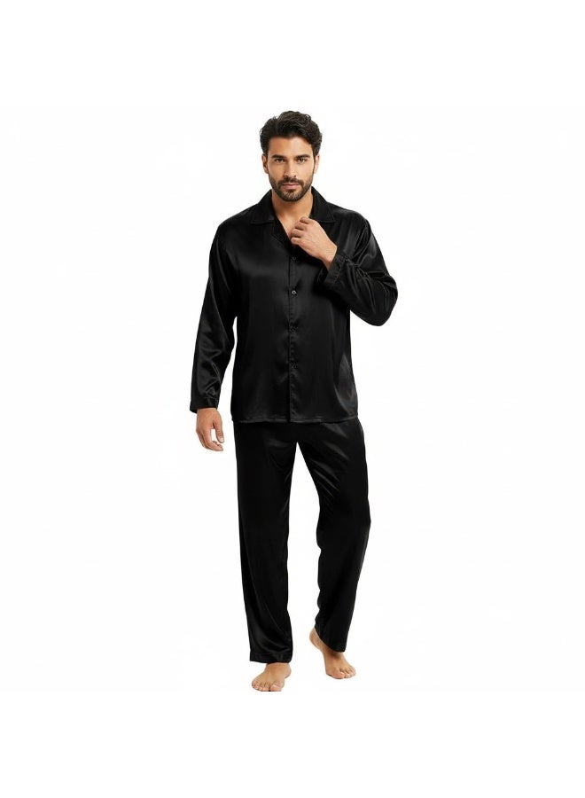 بيجامة رجالي ستان، أسود، طقم نوم من قطعتين بأكمام طويلة