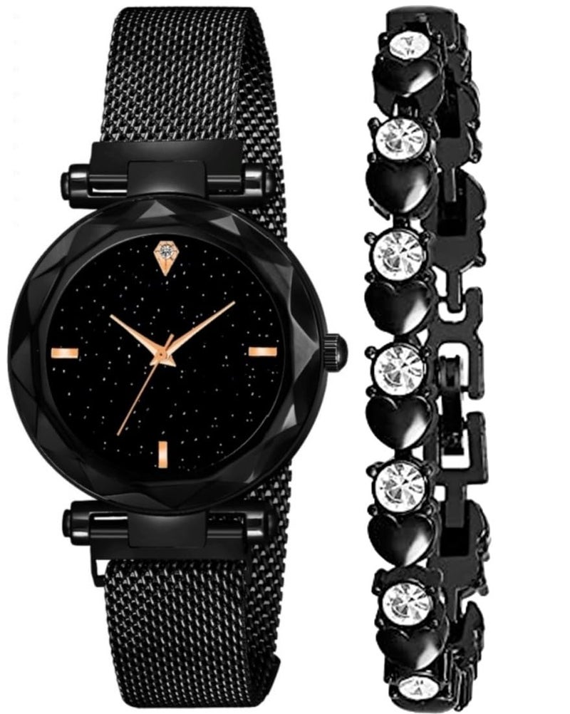Acnos Platinum Premium 4 Colors Magnet Strap Analogue Women And Girls Watch Sweet Heart 4 Colors Bracelet Combo For Girl'S & Women Watch (Set Of 2) (Black Dial-4 Point), Multi-Color Band - Image 1