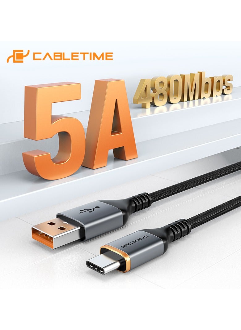 CABLETIME 5A Fast Charging USB A To USB C Cable,(2 Meters) Nylon Braided, 480Mbps fast trasmission rate, 12V/5A, Wide Compatability, USB-IF Certification, 2-Years Warranty - Image 2