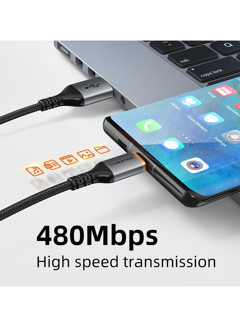 CABLETIME 5A Fast Charging USB A To USB C Cable,(2 Meters) Nylon Braided, 480Mbps fast trasmission rate, 12V/5A, Wide Compatability, USB-IF Certification, 2-Years Warranty - Image 4