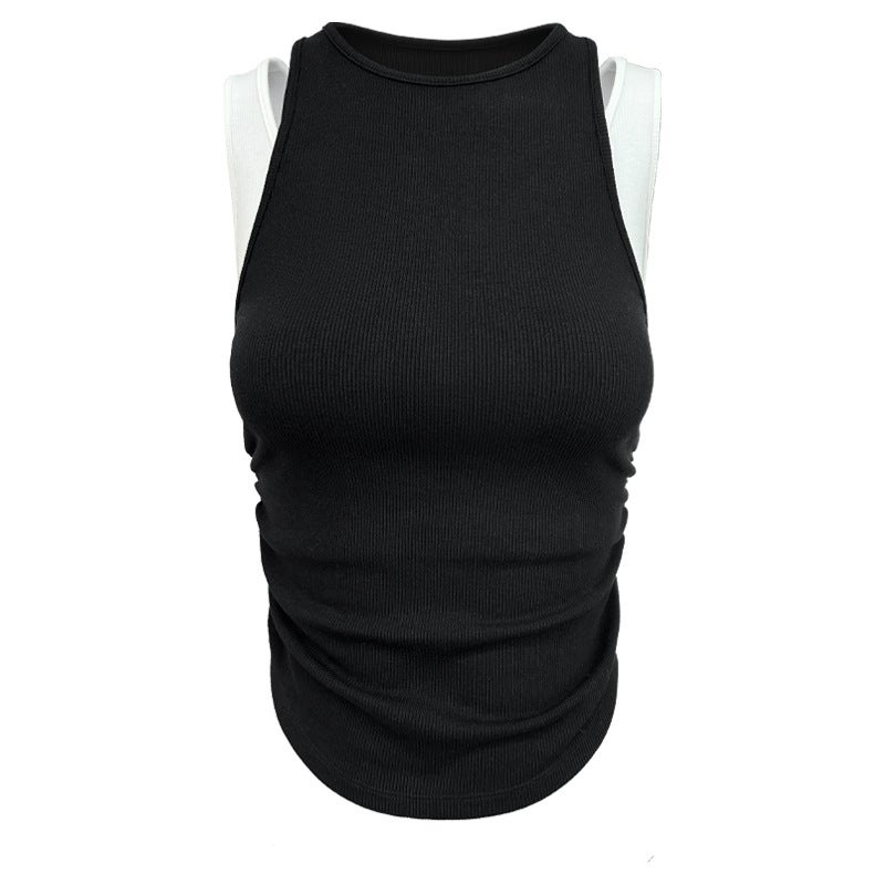 Generic New Womens Slim Yoga Sports Set High Neck Pleated Elastic Vest Black and white vest