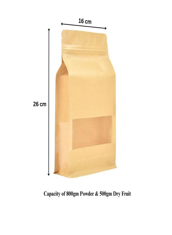 DEERA Brown Kraft Paper With Window Gusset/Flat Bottom Ziplock Stand Up Pouch 160x260mm Pack of 50 - Image 2