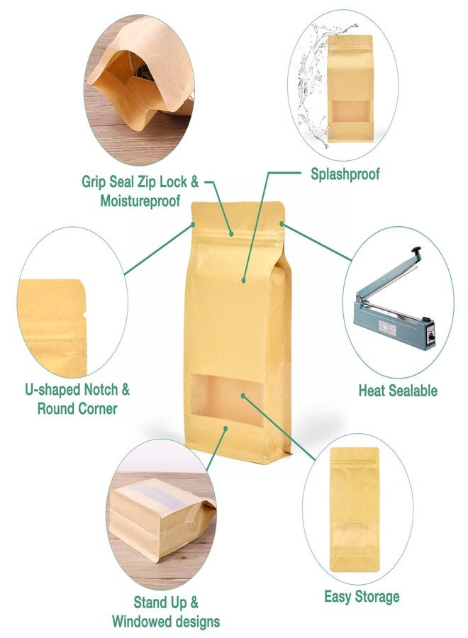 DEERA Brown Kraft Paper With Window Gusset/Flat Bottom Ziplock Stand Up Pouch 160x260mm Pack of 50 - Image 3