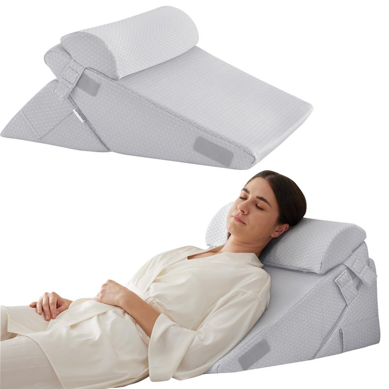 Bedluxe مجموعة وسائد سرير بيدلوكس 3 قطع لدعم الظهر والساق والركبة، وسادة مثلثة من الفوم بعد الجراحة، وسادة قابلة للتعديل بارتفاع 9 و12 بوصة للنوم، حرقة المعدة، الشخير، رمادي فاتح - Image 1