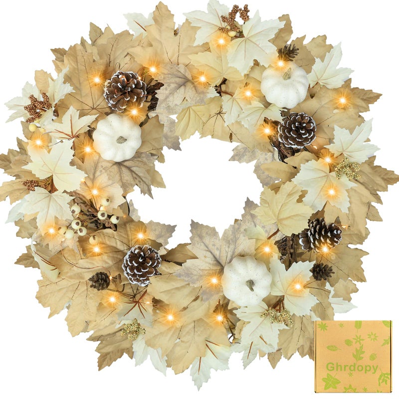 Fall Wreath with Lights 22 Inch Fall Wreaths for Front Door Thanksgiving Halloween with Fall Home Decorations Autumn Wreath for Indoor Outdoor Wall Festival Decor