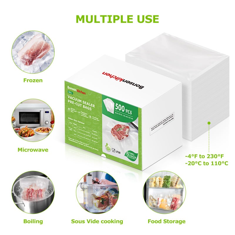 Bonsenkitchen Precut Vacuum Sealer Bags, 500 Pint 6" x 9" Food Sealer Bags,Commercial Grade, BPA Free, Heavy Duty, Customized Size Vacuum Bags for Vac Storage, Meal Prep or Sous Vide Cooking, VB11 - Image 4