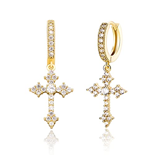 JINAO Cross Hoop Dangle Earrings 14K Gold Plated 5A+ Cubic Zirconia Cartilage Hypoallergenic Sterling Silver Cross Dangle Drop Earrings For Men Women-Hot Gold - Image 1