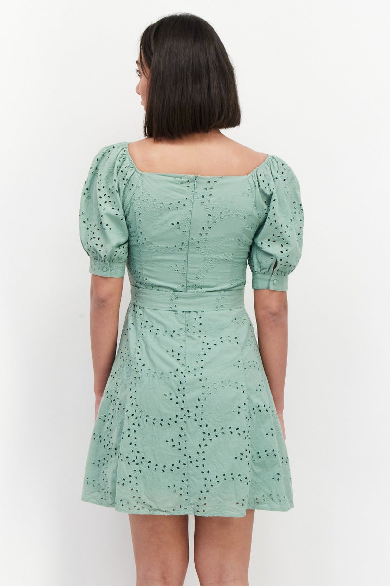 VERO MODA Women Eyelet Belted Mini Dress, Sage Green - Image 3