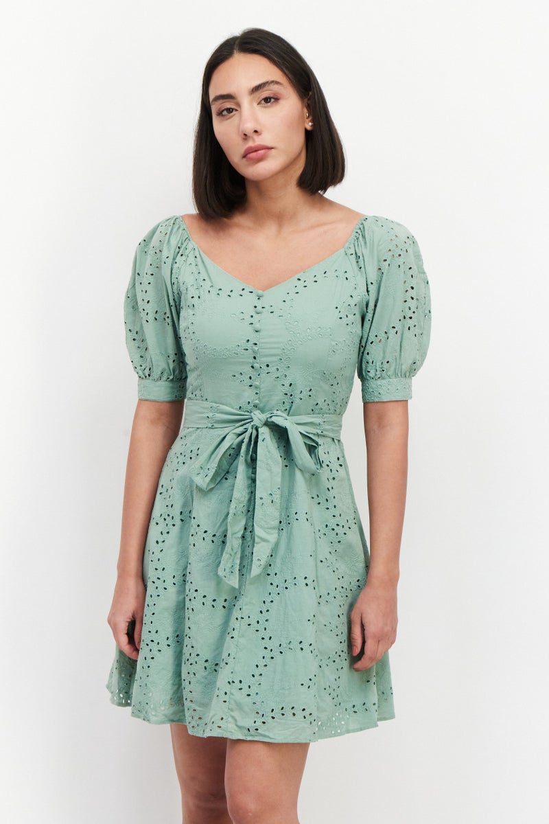 VERO MODA Women Eyelet Belted Mini Dress, Sage Green - Image 1