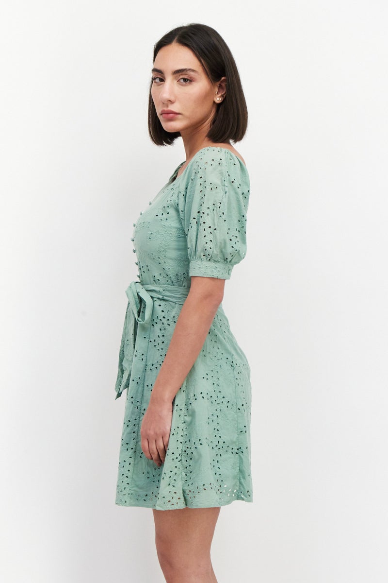 VERO MODA Women Eyelet Belted Mini Dress, Sage Green - Image 4