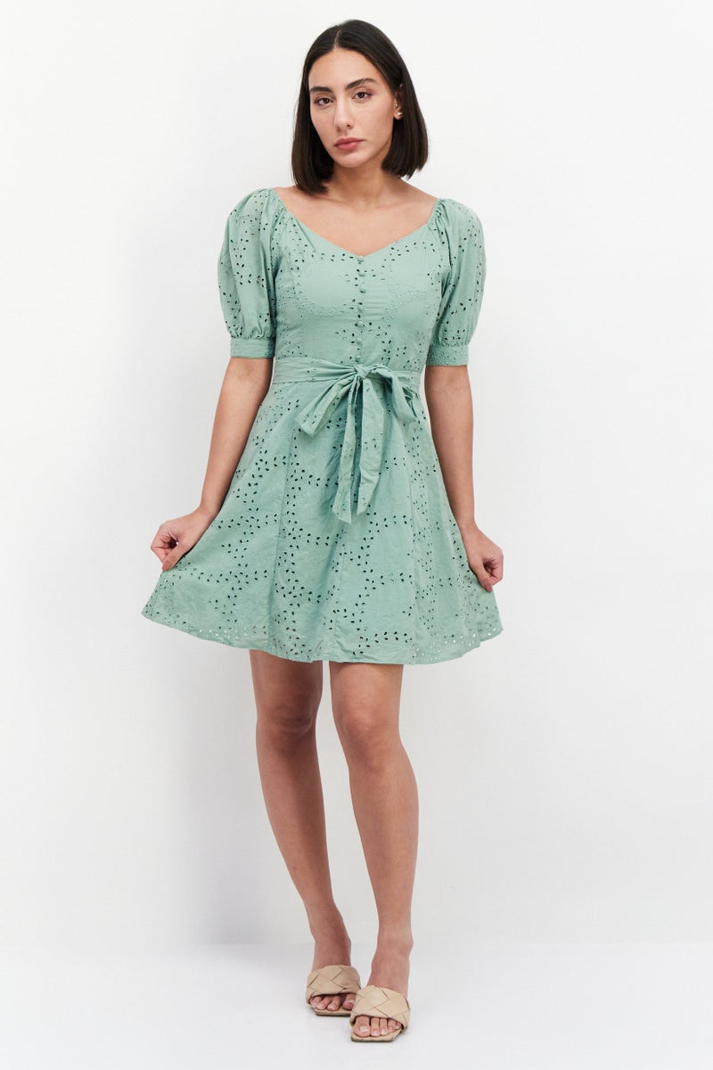 VERO MODA Women Eyelet Belted Mini Dress, Sage Green - Image 2