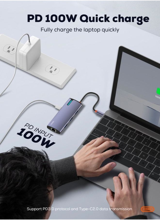 LDNIO 6-in-1 USB-C Docking Station with 100W PD Fast Charging, RJ45 Gigabit Ethernet Port, 4 USB 3.0 Ports, SD/microSD Card Reader – Compact Desktop Type-C Hub Adapter for MacBook, Laptop, Tablet, and Android Devices  - Image 2
