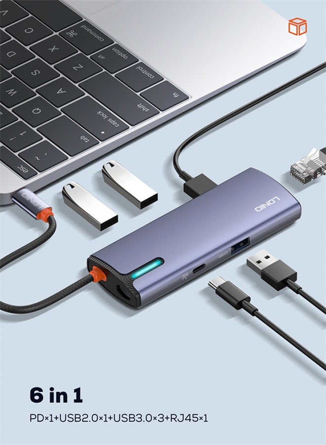 6-in-1 USB-C Docking Station with 100W PD Fast Charging, RJ45 Gigabit Ethernet Port, 4 USB 3.0 Ports, SD/microSD Card Reader – Compact Desktop Type-C Hub Adapter for MacBook, Laptop, Tablet, and Android Devices