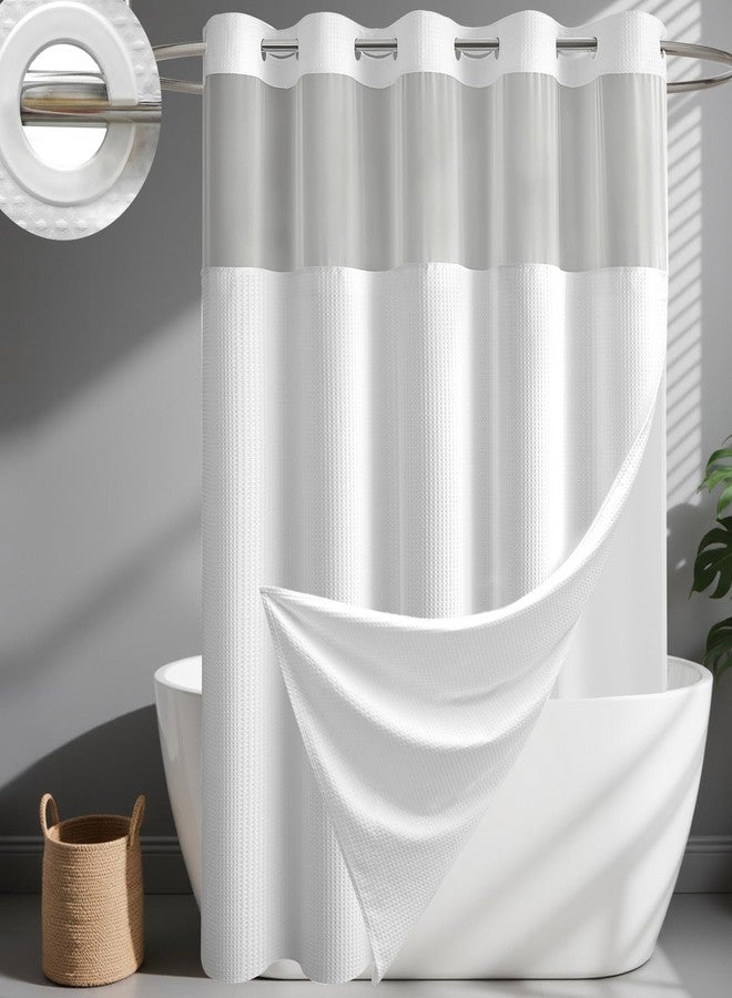 Dynamene White Hook Free Shower Curtain & Snap in Fabric Liner with Magnets, Waffle Weave Shower Curtains for Bathroom, Mesh Top Window, Less Time 3 in 1 Shower Curtain and Liner Set, 72" W x 75" L - Image 1