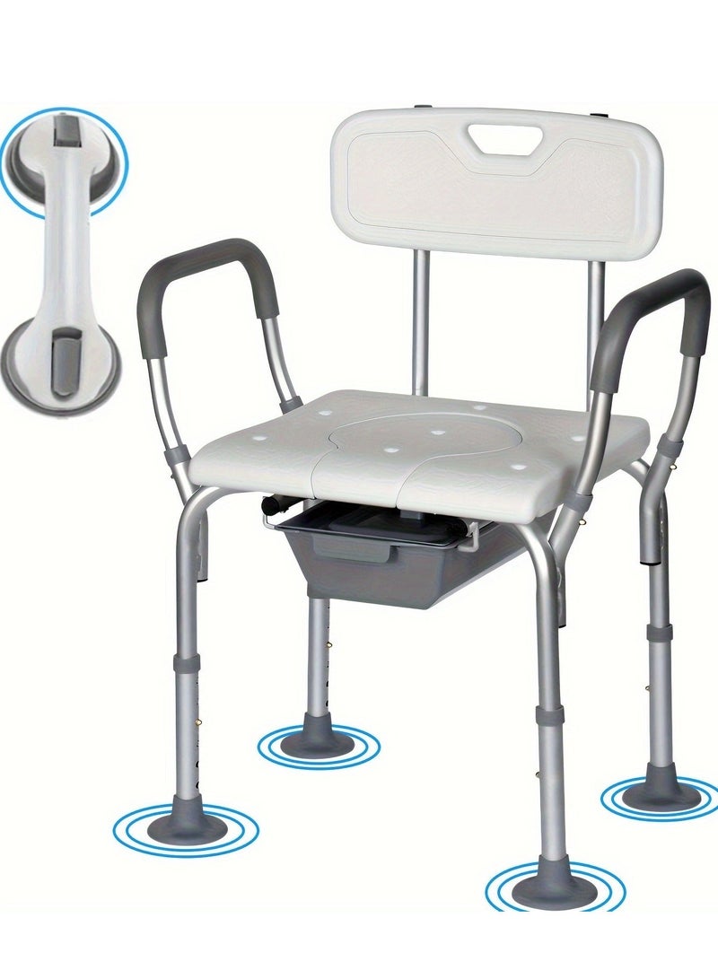 والالا كرسي استحمام مع مساند للذراعين، كرسي استحمام حوض استحمام، مقعد استحمام قابل للتعديل غير قابل للانزلاق، مرحاض بجانب السرير مع دلو قابل للإزالة لكبار السن، كبار السن، المعاقين، أبيض - Image 1