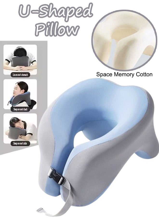 Generic - U-Shaped Pillow Travel Pillow Airplane Neck Pillow Neck & Head Support Pillow Memory Foam Neck Pillow Suitable for Sleeping Airplane Car Office and Home（Light Blue) - Image 1