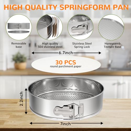 ZeroPone 7 Inch 304 Stainless Steel Springform Pan with Removable Bottom, Nonstick Round Spring Form Cheesecake Pan with 30 Pcs Parchment Paper Liners - Image 2