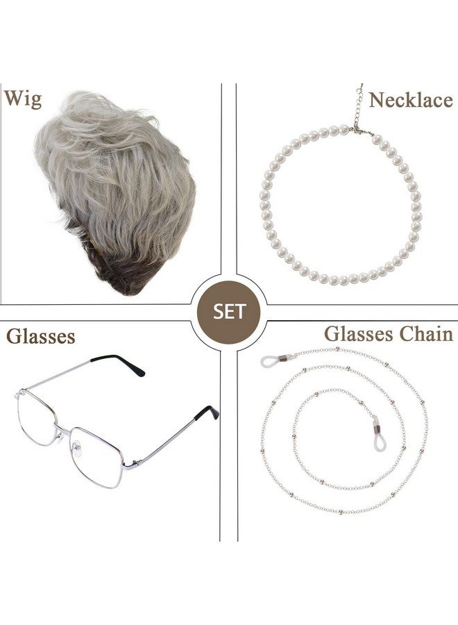 GNIMEGIL Short Curly Hair Wigs for Women Silver Grey Wig Old Lady Costume Grandma Wig Gray Synthetic Wigs Mommy Granny Wig (Silver Wig Set) - Image 4