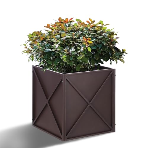 BAYN Metal Square Planter Box Tall Planters for Outdoor Plants Modern Heavy Duty with Drainage Holes for Outside Indoor Patio Deck - Brown, 17”x 17”x 18” - Image 1