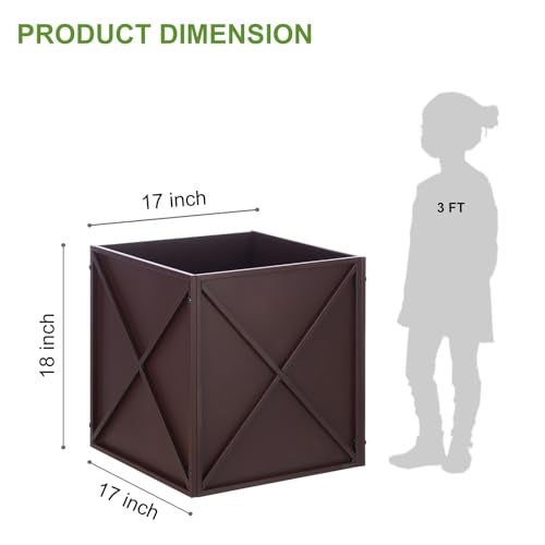 BAYN Metal Square Planter Box Tall Planters for Outdoor Plants Modern Heavy Duty with Drainage Holes for Outside Indoor Patio Deck - Brown, 17”x 17”x 18” - Image 2