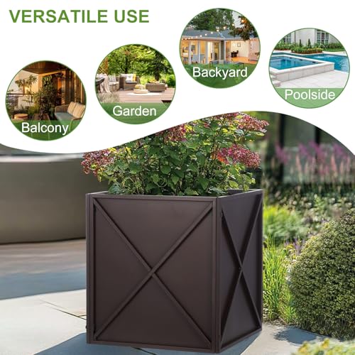 BAYN Metal Square Planter Box Tall Planters for Outdoor Plants Modern Heavy Duty with Drainage Holes for Outside Indoor Patio Deck - Brown, 17”x 17”x 18” - Image 3