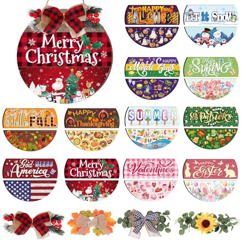 Gameza Interchangeable Welcome Sign Magnetic, Wooden Seasonal Welcome Sign for Front Door, Door Hanging Decor with 4 Seasonal Wreaths and 24 Changeable Icons Farmhouse Home Decorations - Image 1