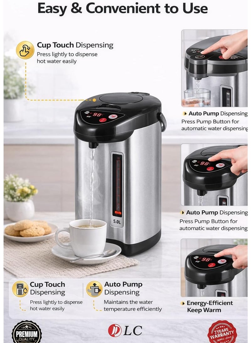 D L C Electric Thermo Pot Stainless Steel Hot Water Dispenser 5.0L With 3-Way Dispense System 890W Silver DLC-57202 - Image 2