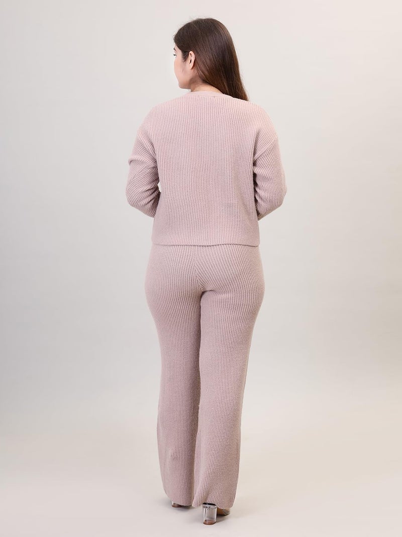CAMEY Women's Solid Long Sleeve V-Neck Open Button Woolen Co-Ord Set (In, Alpha,Medium, Regular, Beige) - Image 5