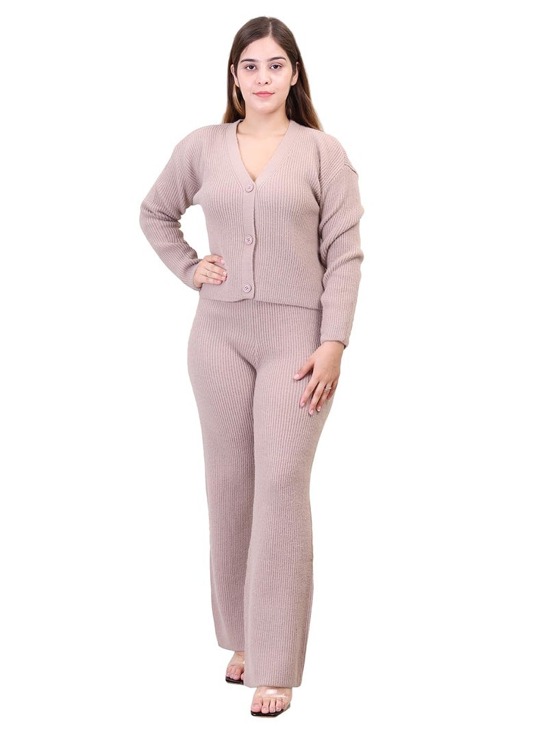 CAMEY Women's Solid Long Sleeve V-Neck Open Button Woolen Co-Ord Set (In, Alpha,Medium, Regular, Beige) - Image 1