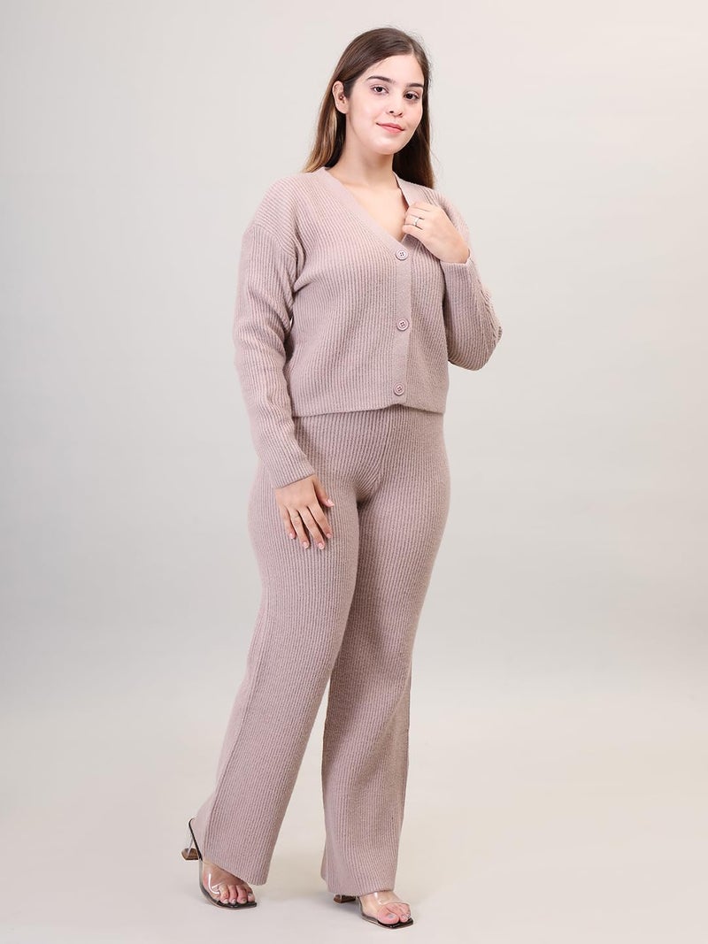 CAMEY Women's Solid Long Sleeve V-Neck Open Button Woolen Co-Ord Set (In, Alpha,Medium, Regular, Beige) - Image 3