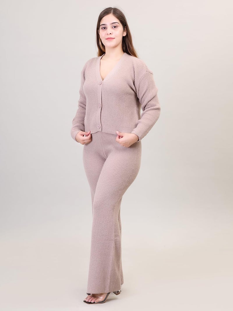 CAMEY Women's Solid Long Sleeve V-Neck Open Button Woolen Co-Ord Set (In, Alpha,Medium, Regular, Beige) - Image 4