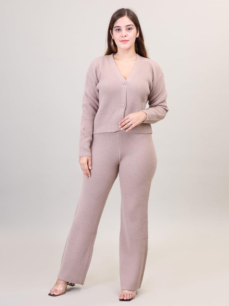 CAMEY Women's Solid Long Sleeve V-Neck Open Button Woolen Co-Ord Set (In, Alpha,Medium, Regular, Beige) - Image 2