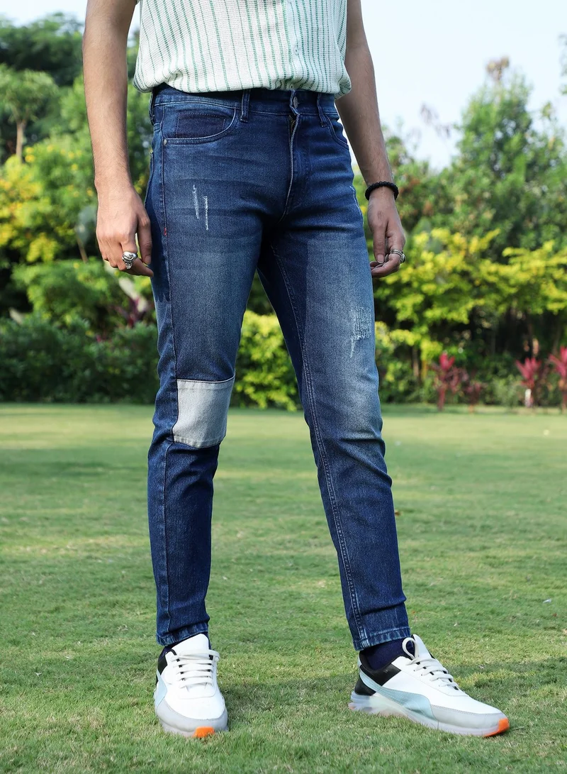 Campus Sutra Men's Blue Contrast Patch Distressed Denim Jeans