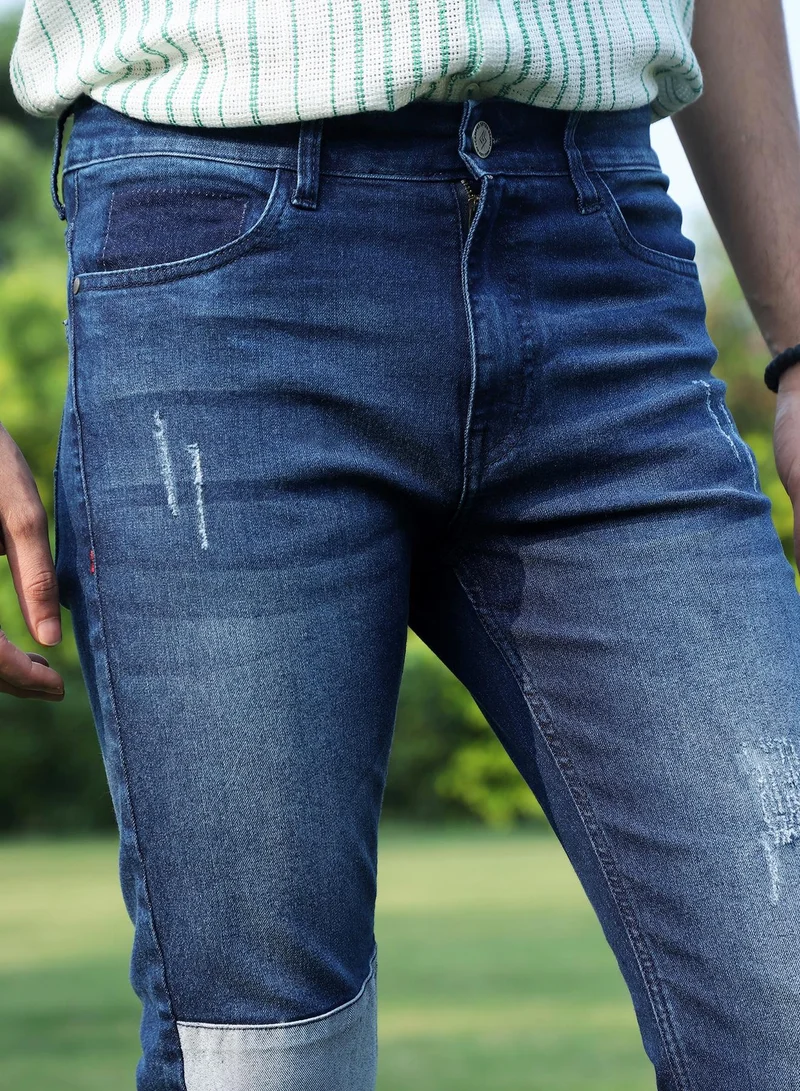 Campus Sutra Men's Blue Contrast Patch Distressed Denim Jeans