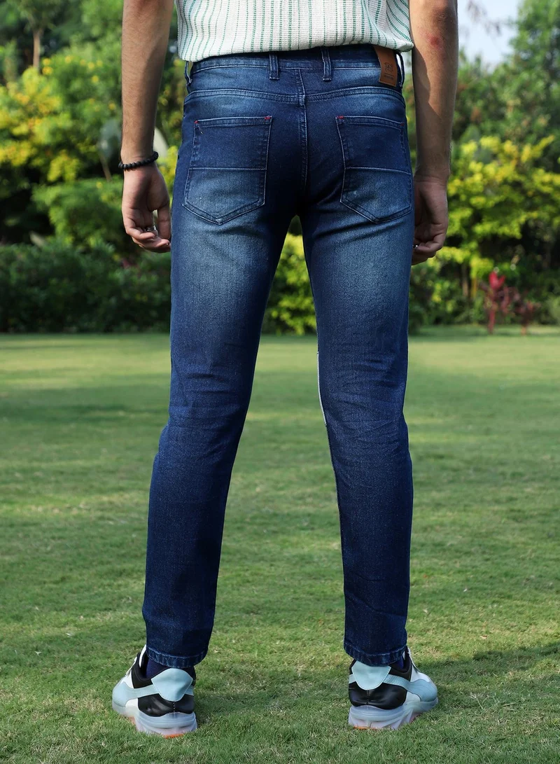 Campus Sutra Men's Blue Contrast Patch Distressed Denim Jeans