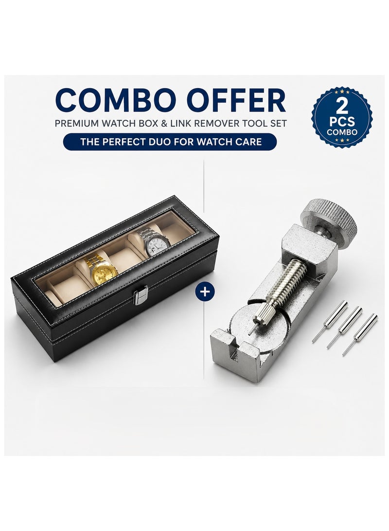 2-in-1 Watch Repair & Storage Combo Set – Professional Stainless Steel Watch Band Link Pin Remover Tool Kit with Spring Bar Pins + 6 Slot PU Leather Watch Box Organizer Case with Glass Display Lid for Men & Women - Image 1