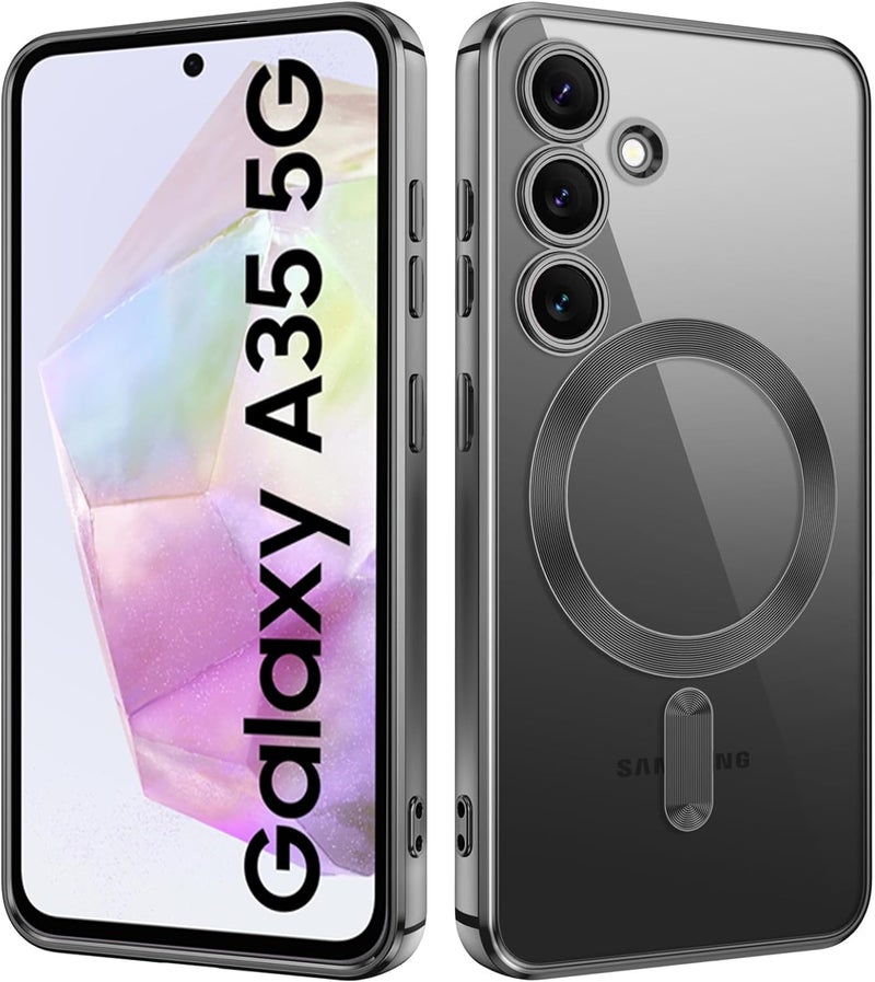 VONZEE Compatible with Samsung Galaxy A35 5G Case Luxury Retro Flowers Floral Clear for Magnetic Wireless Charging Case Shockproof PC+TPU Cute Glossy Shiny Cover for Girls Women, Official Blue - Image 1
