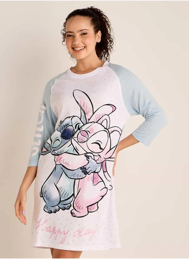 FAV Angel and Stitch Print Sleepshirt with Round Neck and 3/4 Sleeves