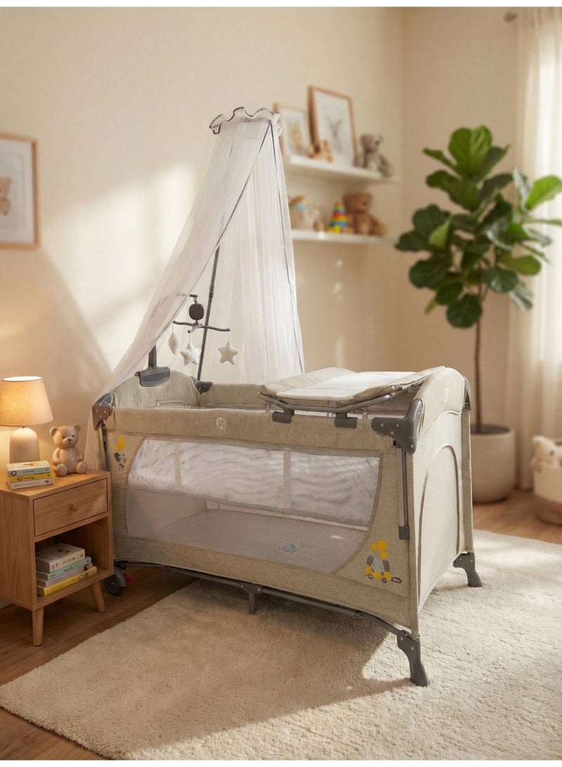 Cool Baby 2-Level Foldable Baby Travel Cot Bedside Sleeper with Mosquito Net, Diaper Changer, Music Bell & Soundproof Wheels – Portable Playard - Image 3